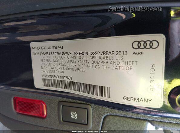 WAUDNAF40HN042683 2017 AUDI A4 Black Շարժիչի բաժամունքի տեսք