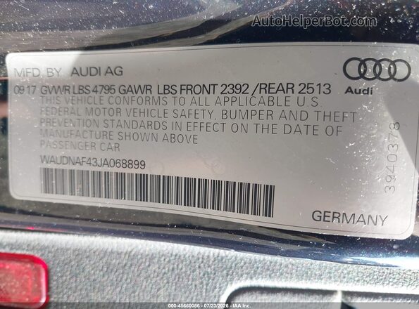 WAUDNAF43JA068899 2018 AUDI A4 Black Vista del compartimento del motor