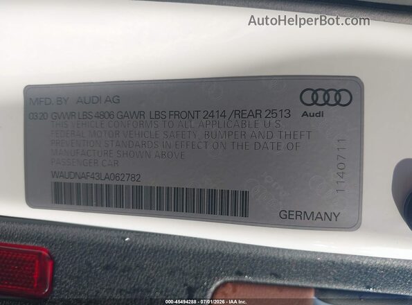 WAUDNAF43LA062782 2020 AUDI A4 White ძრავის განყოფილების ხედი