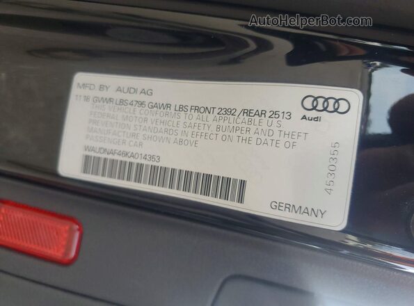 WAUDNAF46KA014353 2019 AUDI A4 Black Widok naklejki z numerem VIN