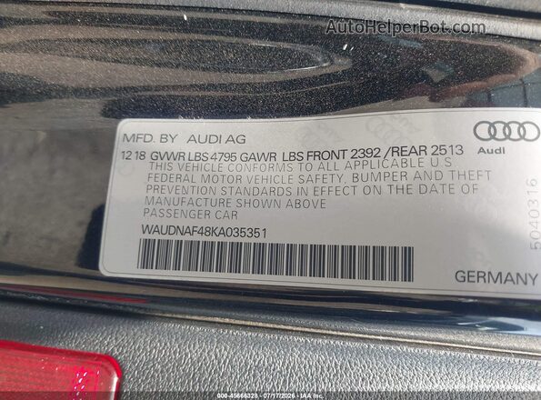 WAUDNAF48KA035351 2019 AUDI A4 Black Շարժիչի բաժամունքի տեսք