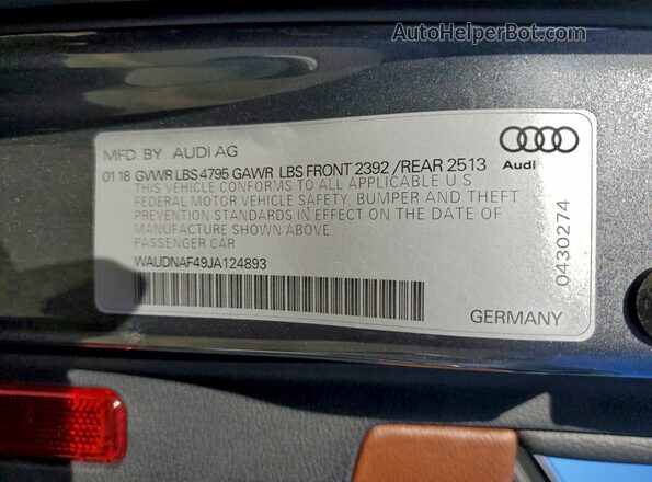 WAUDNAF49JA124893 2018 AUDI A4 Gray VIN կոդի պիտակի տեսք