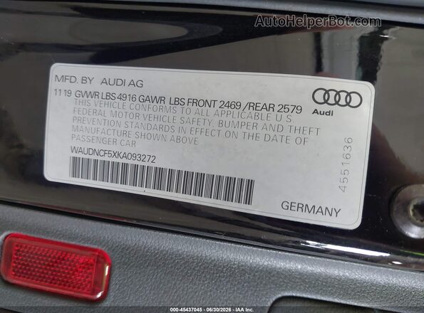 WAUDNCF5XKA093272 2019 AUDI A5 Black Vista del compartimento del motor