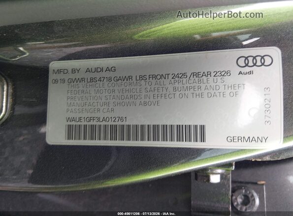 WAUE1GFF3LA012761 2020 AUDI S3 Серый Вид подкапотного пространства