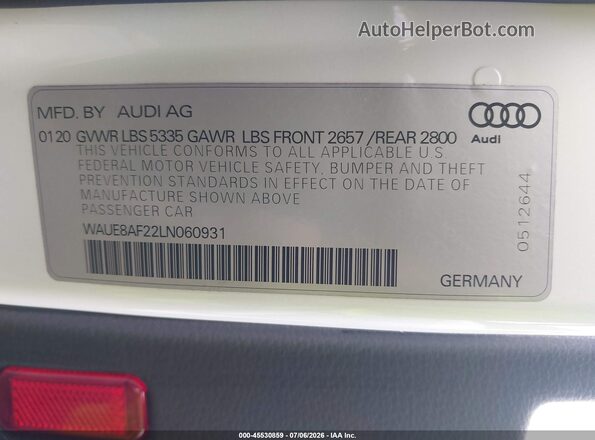 WAUE8AF22LN060931 2020 AUDI A6 White ძრავის განყოფილების ხედი