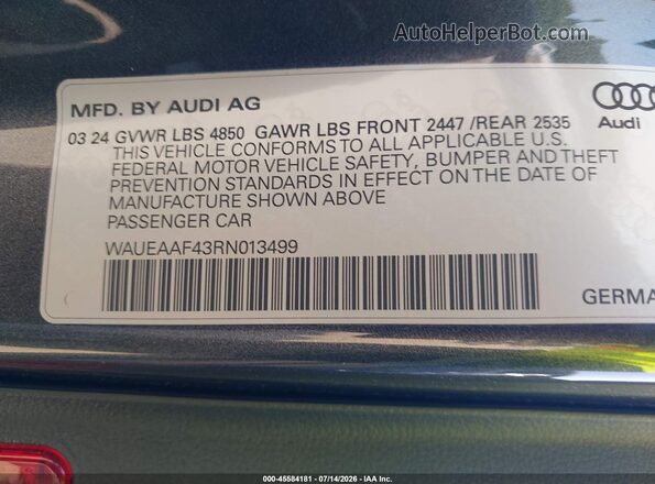 WAUEAAF43RN013499 2024 AUDI A4 Gray Vista del compartimento del motor