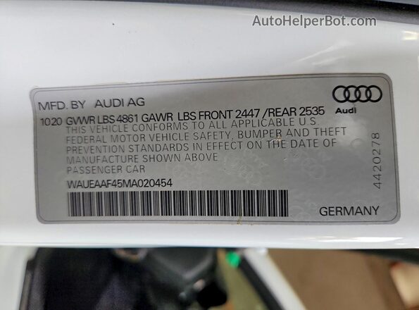 WAUEAAF45MA020454 2021 AUDI A4 White Widok naklejki z numerem VIN