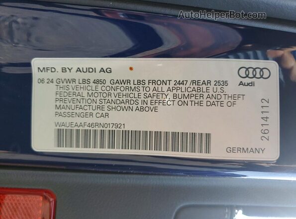 WAUEAAF46RN017921 2024 AUDI A4 Blue Widok naklejki z numerem VIN