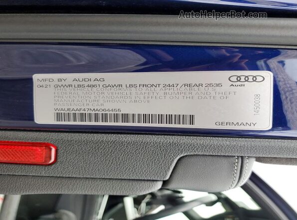 WAUEAAF47MA064455 2021 AUDI A4 Blue Вид підкапотного простору