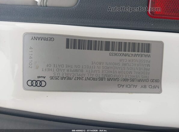 WAUEAAF47MN003633 2021 AUDI A4 Turquoise ძრავის განყოფილების ხედი