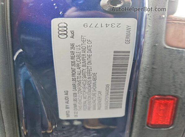 WAUEACF51NA040349 2022 AUDI A5 Blue VIN კოდის სტიკერის ხედი