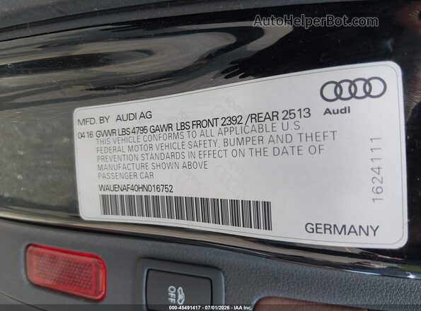 WAUENAF40HN016752 2017 AUDI A4 Black Вид підкапотного простору