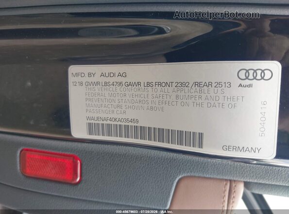 WAUENAF40KA035459 2019 AUDI A4 Black Вид підкапотного простору