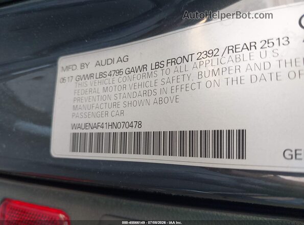 WAUENAF41HN070478 2017 AUDI A4 Gray Вид підкапотного простору