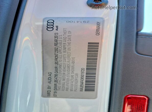 WAUENAF43KN019720 2019 AUDI A4 White VIN კოდის სტიკერის ხედი