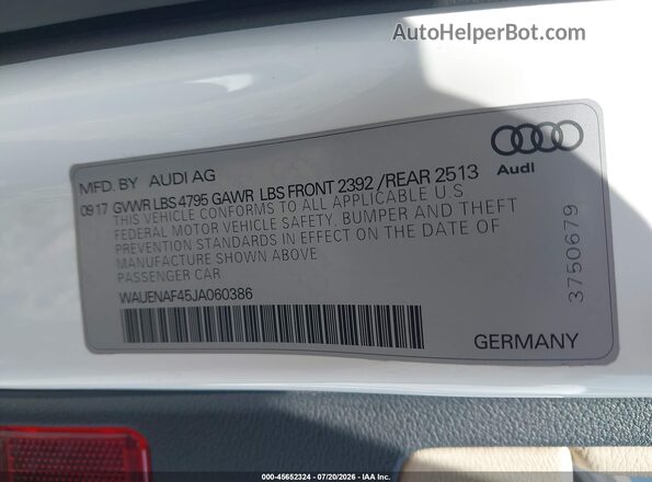 WAUENAF45JA060386 2018 AUDI A4 White Engine compartment view