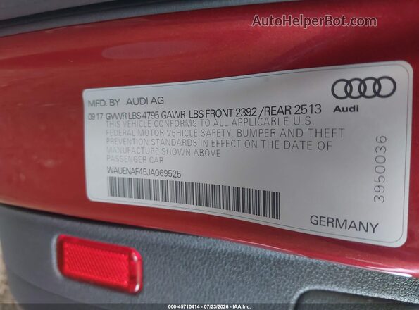 WAUENAF45JA069525 2018 AUDI A4 Red Շարժիչի բաժամունքի տեսք