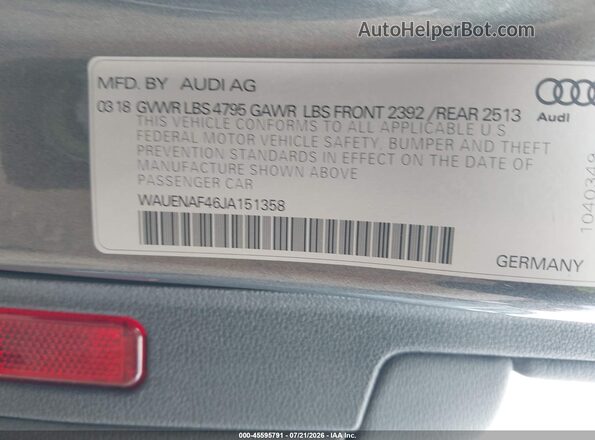 WAUENAF46JA151358 2018 AUDI A4 Gray ძრავის განყოფილების ხედი