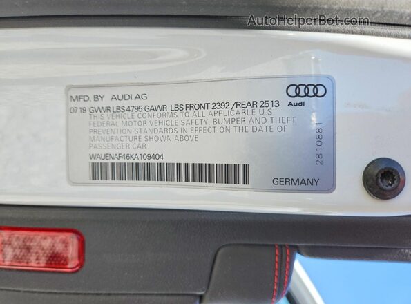 WAUENAF46KA109404 2019 AUDI A4 White Vista de la etiqueta del VIN