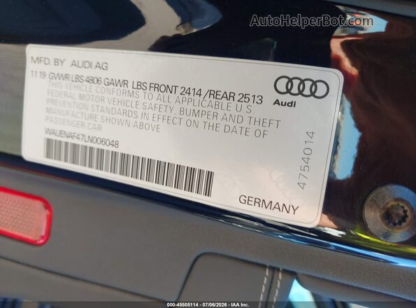 WAUENAF47LN006048 2020 AUDI A4 Black ძრავის განყოფილების ხედი