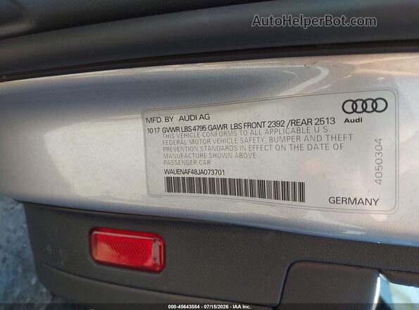 WAUENAF48JA073701 2018 AUDI A4 Silver Շարժիչի բաժամունքի տեսք