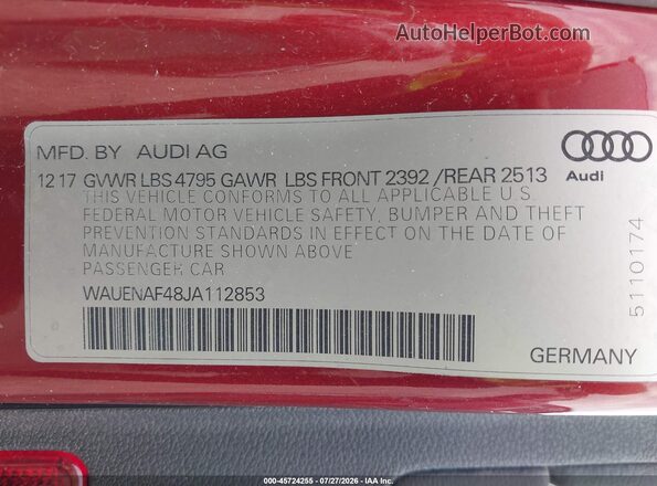 WAUENAF48JA112853 2018 AUDI A4 Maroon Engine compartment view