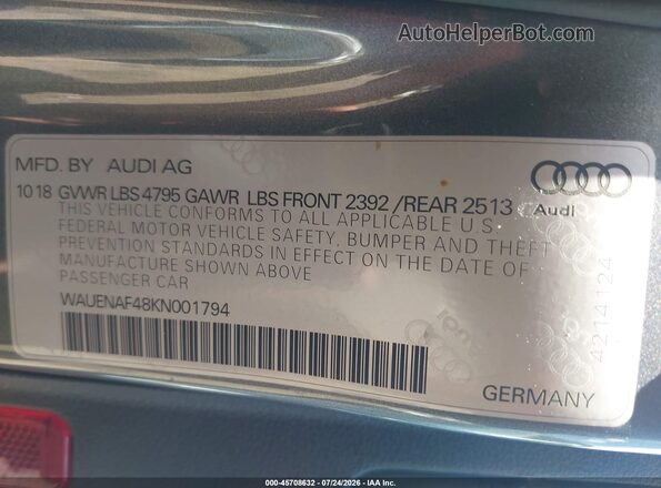 WAUENAF48KN001794 2019 AUDI A4 Gray ძრავის განყოფილების ხედი