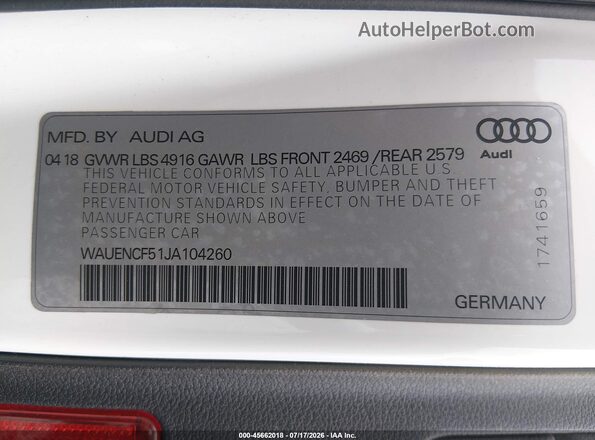WAUENCF51JA104260 2018 AUDI A5 White Շարժիչի բաժամունքի տեսք