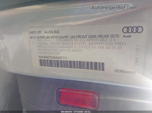 WAUENCF52KA067771 2019 AUDI A5 Серый Вид подкапотного пространства