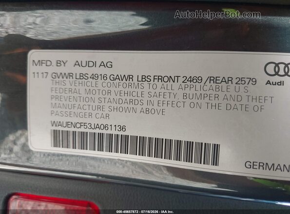 WAUENCF53JA061136 2018 AUDI A5 Gray Vista del compartimento del motor