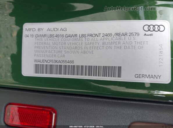 WAUENCF53KA055466 2019 AUDI A5 Green Widok komory silnika