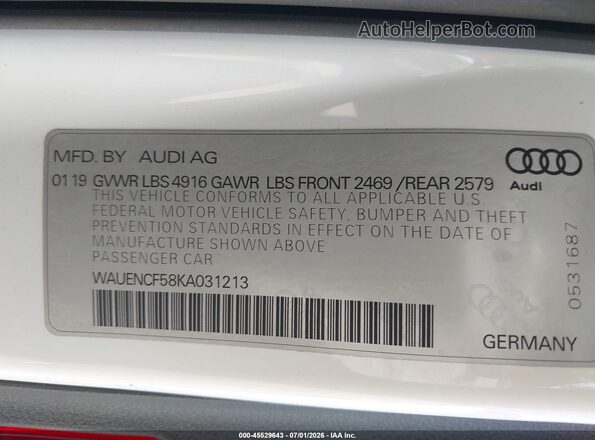 WAUENCF58KA031213 2019 AUDI A5 Белый Вид подкапотного пространства