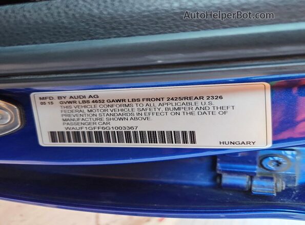 WAUF1GFF6G1003367 2016 AUDI S3 Blue Вид підкапотного простору