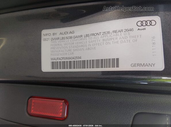 WAUFACF59MA042594 2021 AUDI OTHER Gray Vista del compartimento del motor