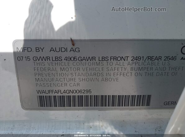 WAUFFAFL4GN006295 2016 AUDI A4 White Vista del compartimento del motor