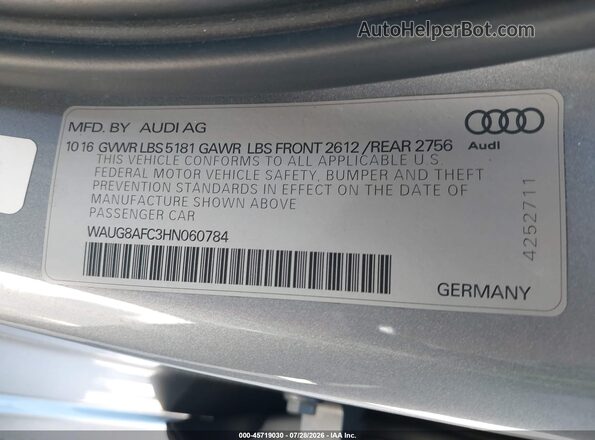 WAUG8AFC3HN060784 2017 AUDI A6 Gray Вид підкапотного простору