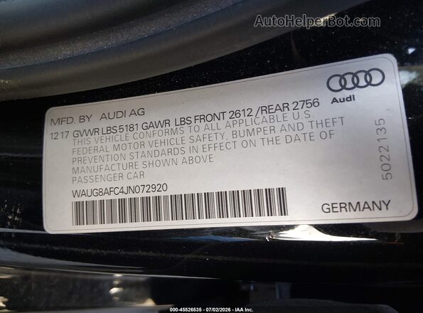 WAUG8AFC4JN072920 2018 AUDI A6 Черный Вид подкапотного пространства