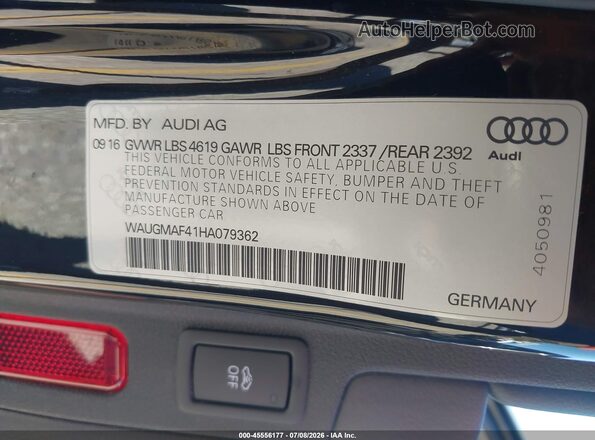 WAUGMAF41HA079362 2017 AUDI A4 Black Vista del compartimento del motor