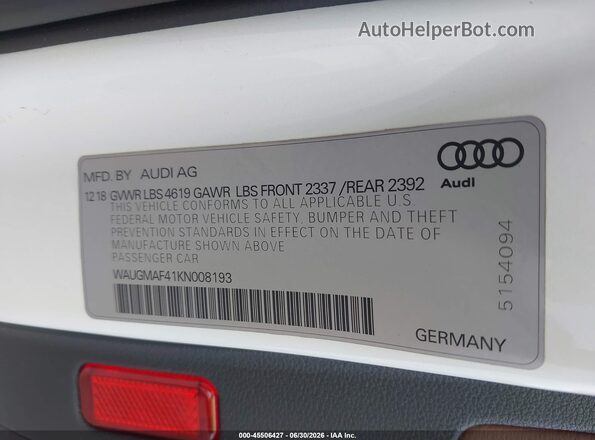 WAUGMAF41KN008193 2019 AUDI A4 White Вид підкапотного простору