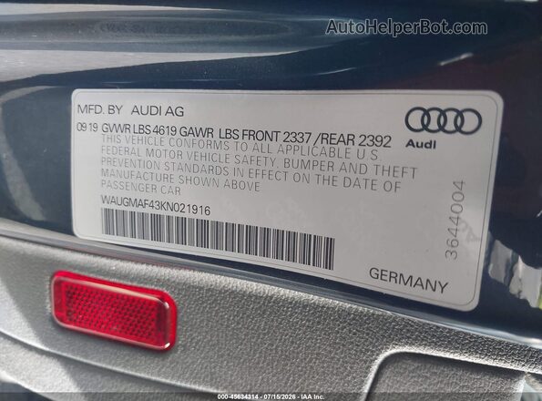 WAUGMAF43KN021916 2019 AUDI A4 Серый Вид подкапотного пространства