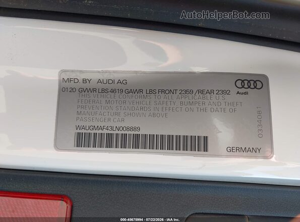 WAUGMAF43LN008889 2020 AUDI A4 White Вид підкапотного простору