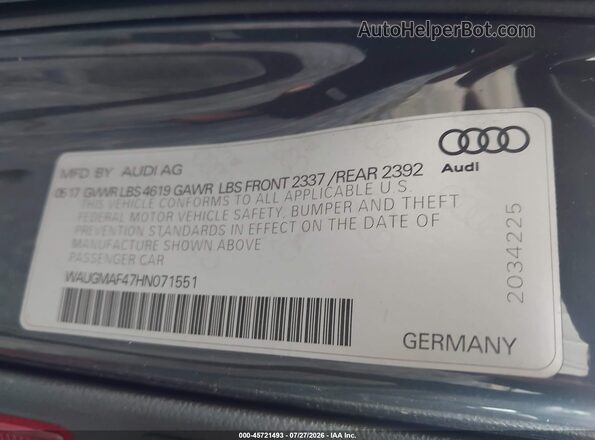 WAUGMAF47HN071551 2017 AUDI A4 Серый Вид подкапотного пространства