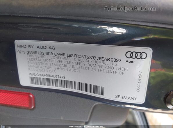 WAUGMAF49KA057472 2019 AUDI A4 Gray Widok komory silnika