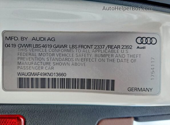 WAUGMAF49KN013660 2019 AUDI A4 White Engine compartment view