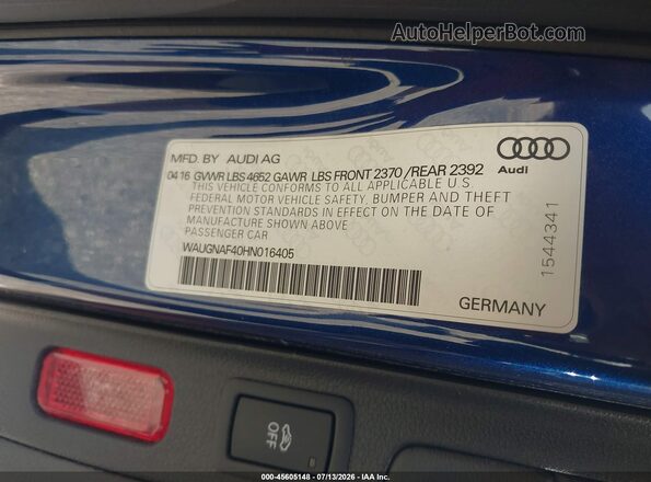 WAUGNAF40HN016405 2017 AUDI A4 Blue Շարժիչի բաժամունքի տեսք