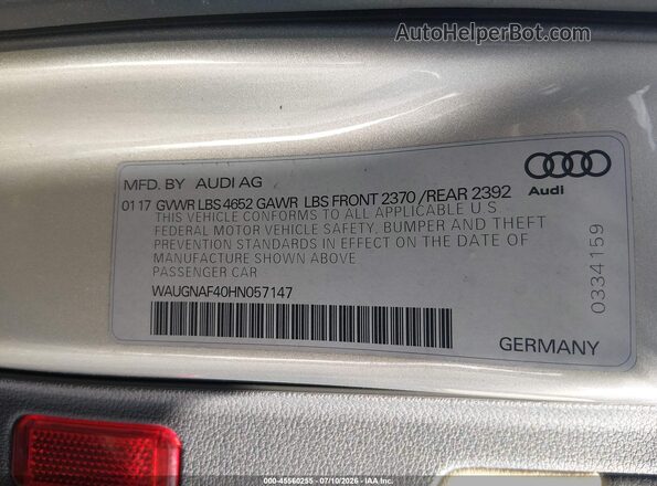 WAUGNAF40HN057147 2017 AUDI A4 Gray ძრავის განყოფილების ხედი