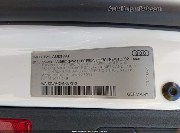 WAUGNAF42HN057313 2017 AUDI A4 Белый Вид подкапотного пространства