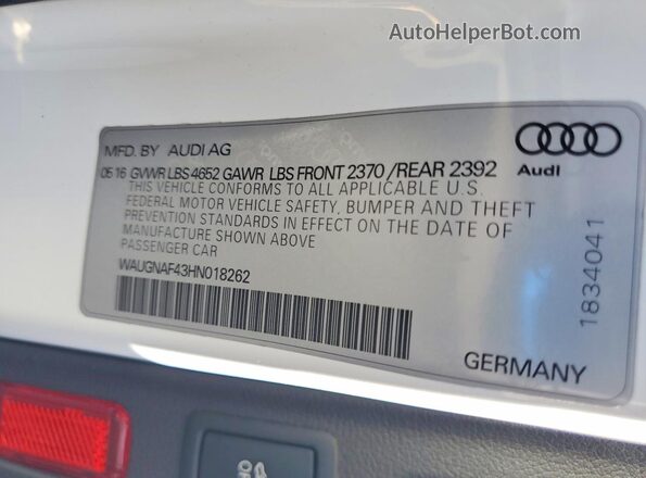 WAUGNAF43HN018262 2017 AUDI A4 White Вид підкапотного простору