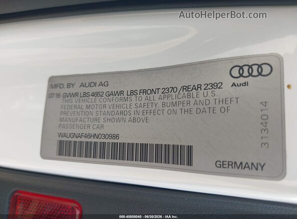 WAUGNAF46HN030986 2017 AUDI A4 White Շարժիչի բաժամունքի տեսք