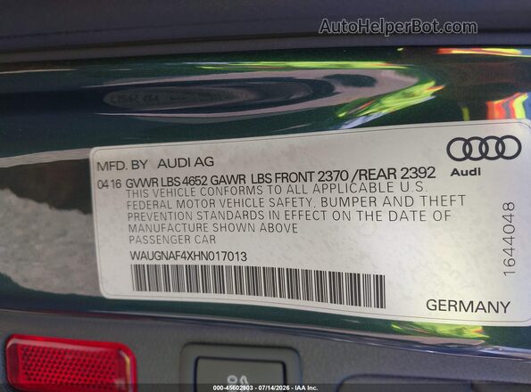 WAUGNAF4XHN017013 2017 AUDI A4 Green Вид підкапотного простору